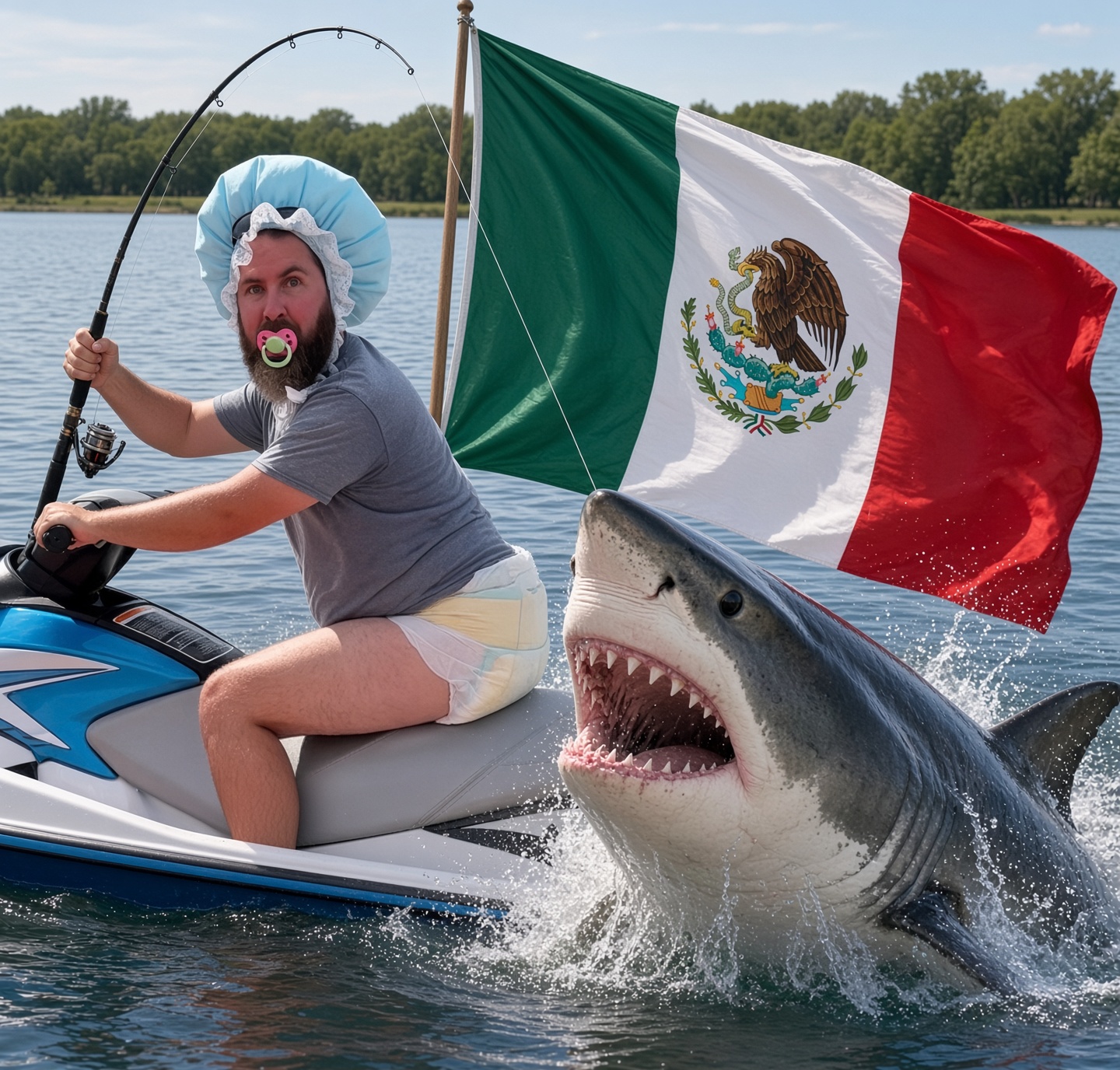 Adam Wills on a jet ski in a baby bonnet as a great white shark leaps beside him under a Mexican flag